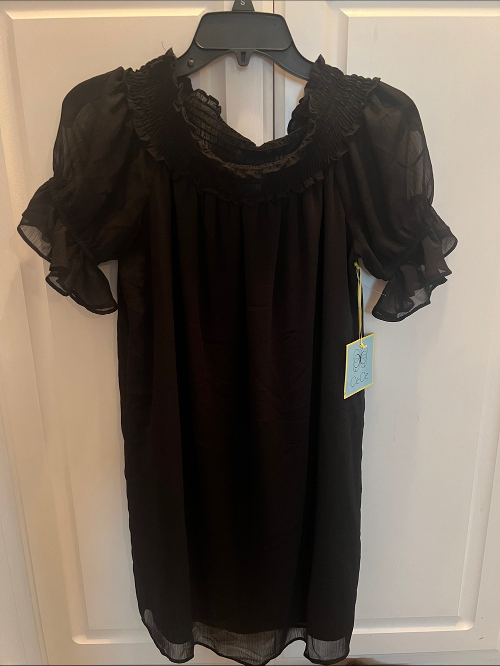 CeCe Black Sheer Ruffle-Neck Shift Dress